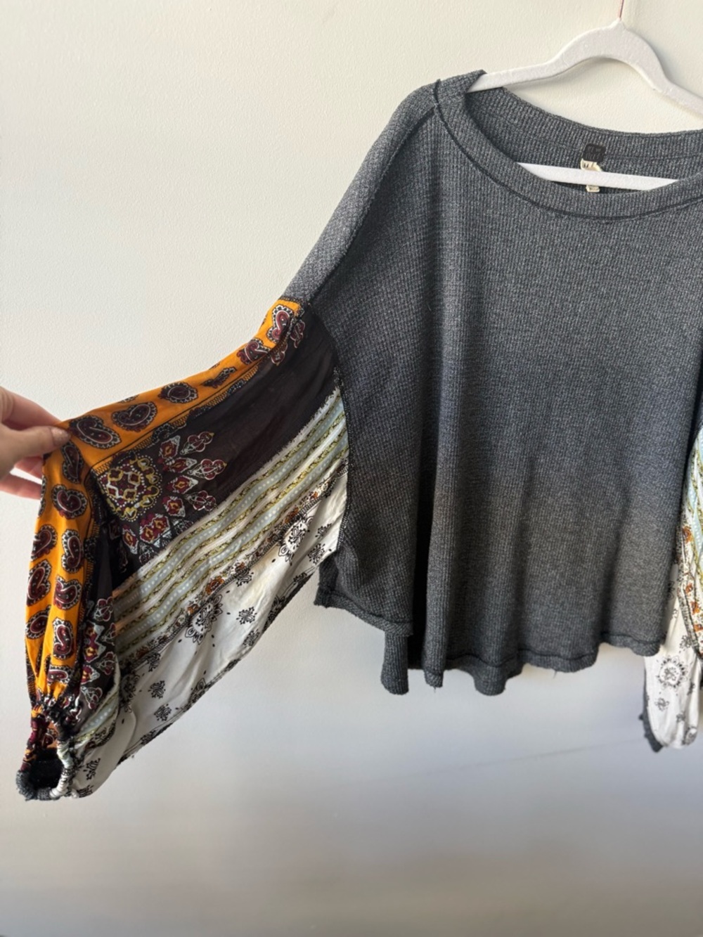 WE THE FREE Boho Patch-Sleeve Waffle Knit Top in Charcoal - Picture 3 of 4